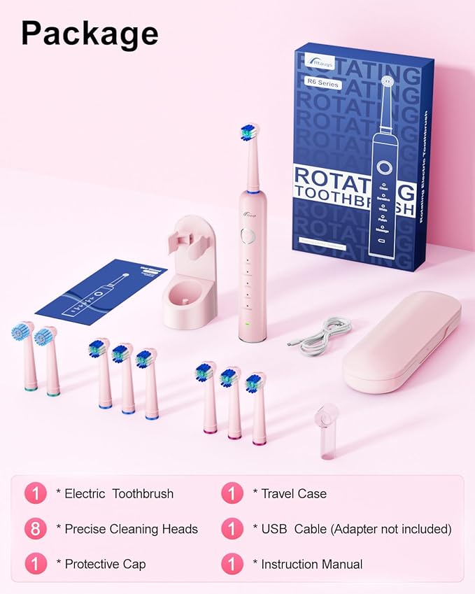Rtauys Rotating Electric Toothbrush for Adults with 8 Brush Heads (2 Types), 5 Modes Rechargeable Power Toothbrush with Travel Case and 2 Minute Smrte Timer