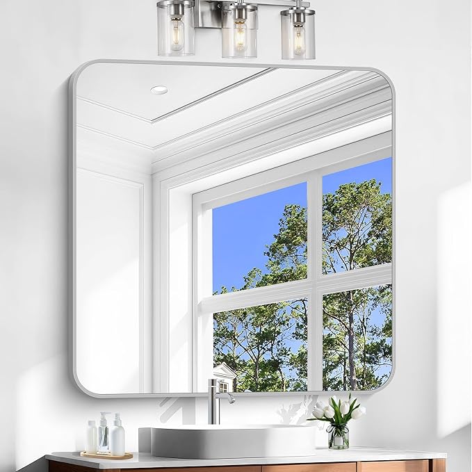 Silver Bathroom Mirror, 42 x 42 Inch Silver Square Mirror, Metal Framed Rectangular Vanity Mirror, Rounded Corner Wall Mounted Mirror for Living Room Bedroom Entryway Hangs Horizontal/Vertical