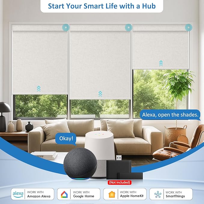 MANSNIX Smart Motorized Blinds with Remote, Cordless No-Drill Automatic Roller Shades, Blackout Electric Blind for Windows, Linen Stone, 35 x 72