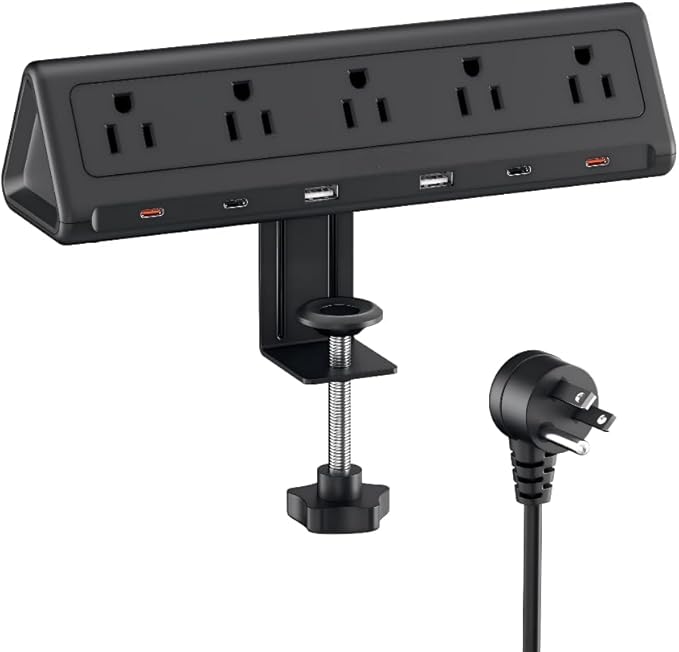 6.5 FT Desk Clamp Power Strip with 5 AC Outlets & 6 USB Ports PD 40W USB-C Fast Charging, 1250J Surge Protector, Fits 2.1 in top Edge Black