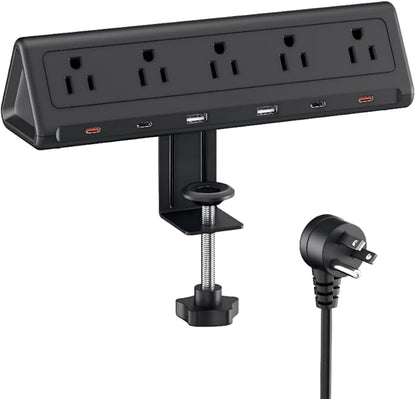 6.5 FT Desk Clamp Power Strip with 5 AC Outlets & 6 USB Ports PD 40W USB-C Fast Charging, 1250J Surge Protector, Fits 2.1 in top Edge Black
