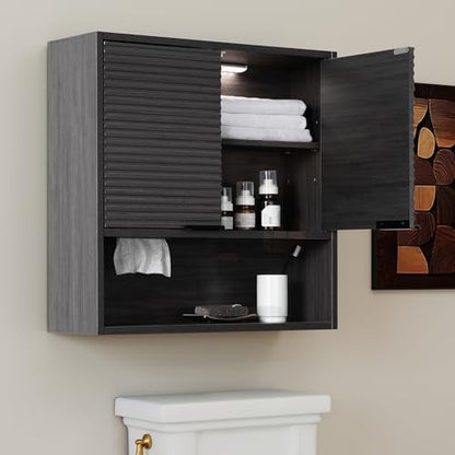 Wall Mounted Bathroom Cabinet with Motion Sensor LED Light & Tissue Dispenser, Modern Black Medicine Cabinet Over Toilet with Fluted Door, Adjustable Shelf for Skincare & Makeup Storage