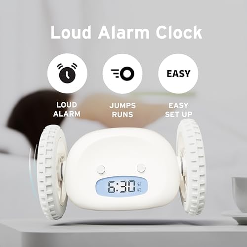 CLOCKY Alarm Clock on Wheels – Loud Rolling Alarm Clock for Heavy Sleepers | Runaway Clock That Jumps & Runs to Wake You Up | Funny Unique Gift for Adults & Teens (White)