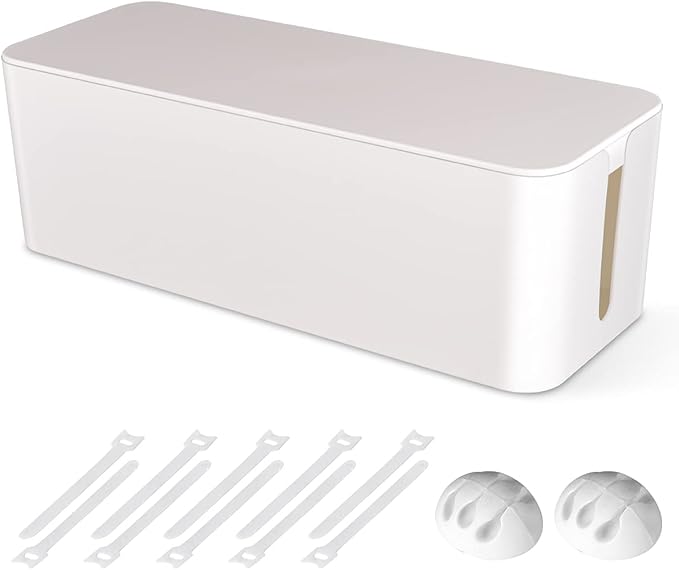 Cable Management Box, Large Cord Organizer Box to Hide Power Strip & Under Desk,TV Computer Wires Cable Organizer Hider Box with Cable Clips&Reusable Cable Ties for Home/Office(White)