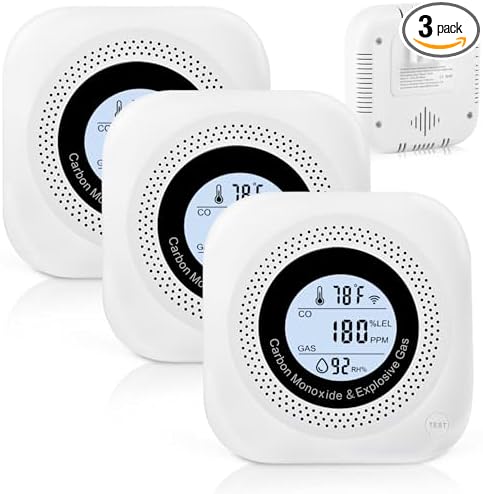 Carbon Monoxide Detectors, 3Pack 4-in-1 Natural Gas Leak Detector, Portable Carbon Monoxide Detector, Plug in Wall with AC Socket and Temperature & Humidity Monitoring for RV, Home, Hotel (White)