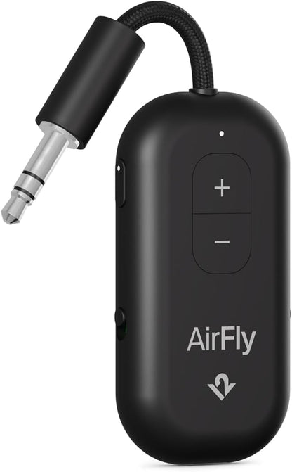 AirFly Pro 2 – Bluetooth Adapter for Airplane, Pair 2 AirPods or Wireless Headphones – 3.5mm AUX Bluetooth Transmitter and Receiver for Cars, Boats, Treadmills, TVs– Airplane Travel Essentials, Black