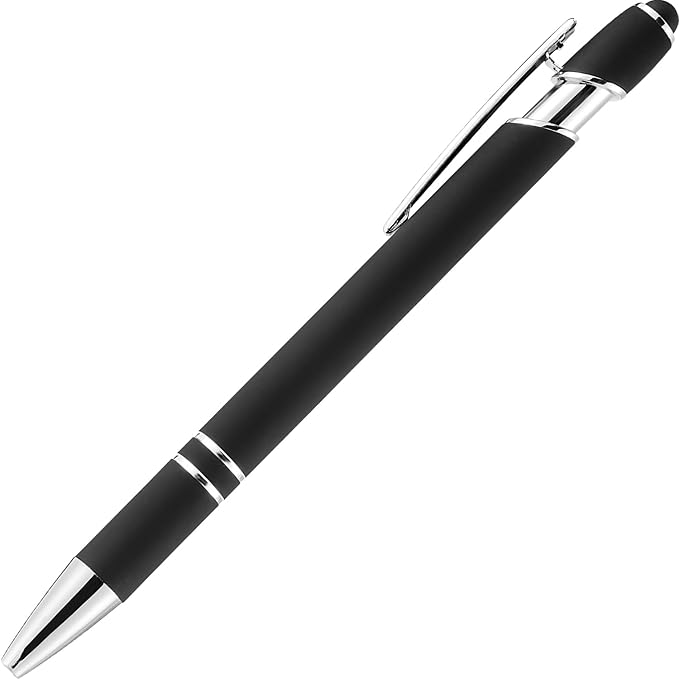 LINFANC 12 Pack Black Silver Ballpoint Pen with Stylus Tip, 1.0 mm Black Ink Smooth Writing Pens, Metal Stylus Pens for Touch Screens