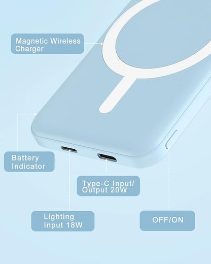 podoru for Magsafe Battery Pack, 5000mAh Magnetic Power Bank with Type-C Cable 20W PD Fast Charging Lighting Input Wireless Portable Charger for iPhone 17/16/15/14/13/12/ All Series-Sierra Blue