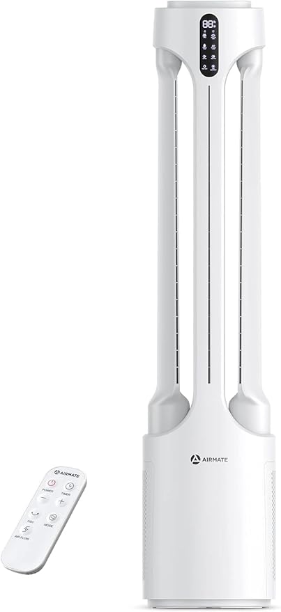 AIRMATE Air Purifier Bladeless Tower Fans, 1500CFM Large Air Volume, 45" 2-in-1 Standing Fan for Bedroom & Home, 28ft/s Velocity, 90° Oscillation, 24H Timer, Low Noise, White