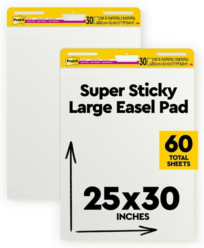 Post-it Super Sticky Easel Pad 25 in x 30 in White 30 Sheets/Pad 2 Pad/Pack Large White Premium Self Stick Flip Chart Paper Super Sticking Power (559)