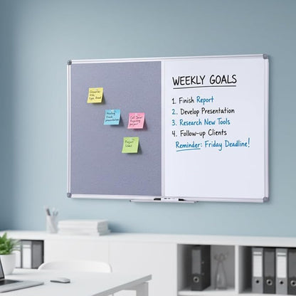 36 x24 inch Cork & Dry Erase Combo Board - Magnetic Whiteboard & Grey Bulletin Board for Office, Home, Classroom | Wall-Mountable with Aluminum Frame & Pen Tray