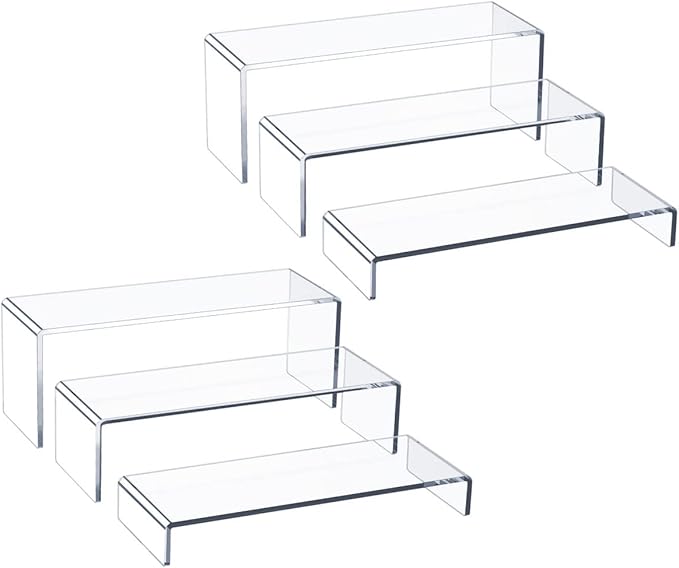 HIIMIEI Acrylic Display Riser, 6 Pcs 12" Large Acrylic Risers, Thickened to 5mm Clear Rectangular Display Shelf for Cupcake Stand, Tiered Display Stand for gemstone, curio, figurines, Collectibles
