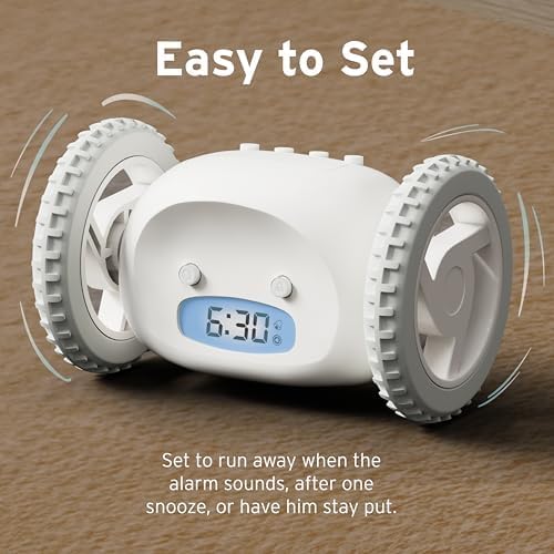 CLOCKY Alarm Clock on Wheels – Loud Rolling Alarm Clock for Heavy Sleepers | Runaway Clock That Jumps & Runs to Wake You Up | Funny Unique Gift for Adults & Teens (White)