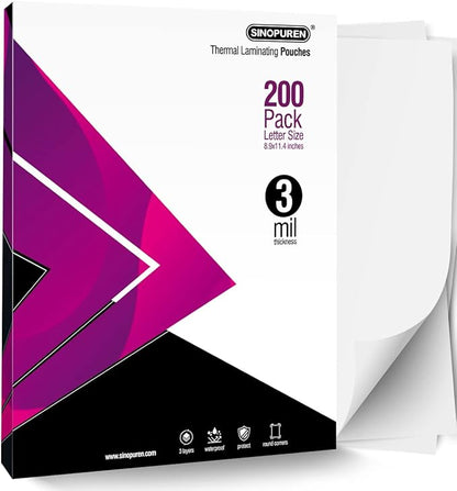 SINOPUREN Thermal Laminating Pouches, 3mil Laminating Sheets, 8.9x11.4 Inches, Letter Size, HeatSeal, Clear (200pack)