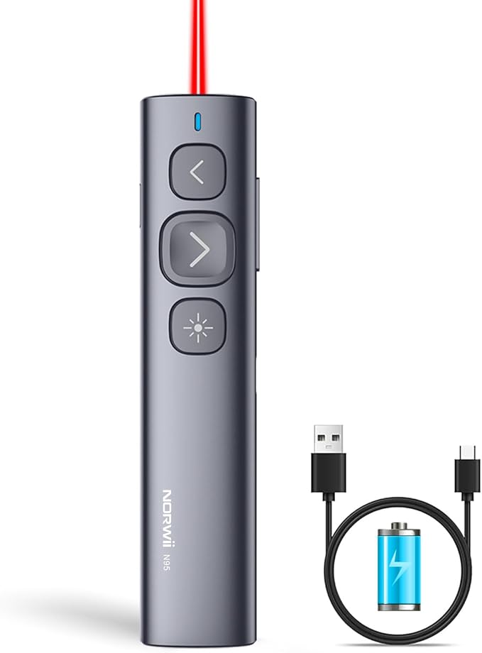 Norwii N95 Presentation Clicker, PowerPoint Clicker for Presentation Remote, Rechargeable Wireless Presenter Pointer, Slide Advancer for PC/Laptop/e-Book in Classroom, Auditorium, Church (Red, USB-A)