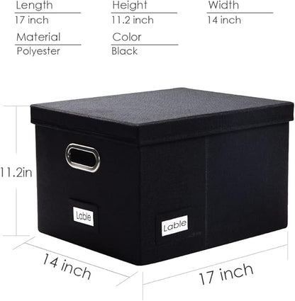 PRANDOM File Organizer Box - Set of 1 Collapsible Decorative Linen Filing Storage Hanging File Folders with Lids Office Cabinet Letter/Legal Size Black (17x14x11.2 inch)