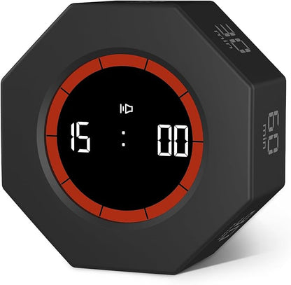 GuDoQi Digital Productivity Timer, Octagon Rotating Pomodoro Timers with Gravity-sensor, 1-3-5-15-30-60-90 Min Countdown, Portable Adjustable Sound Alert Multi Desk Timer or Study Task, Kitchen, Black