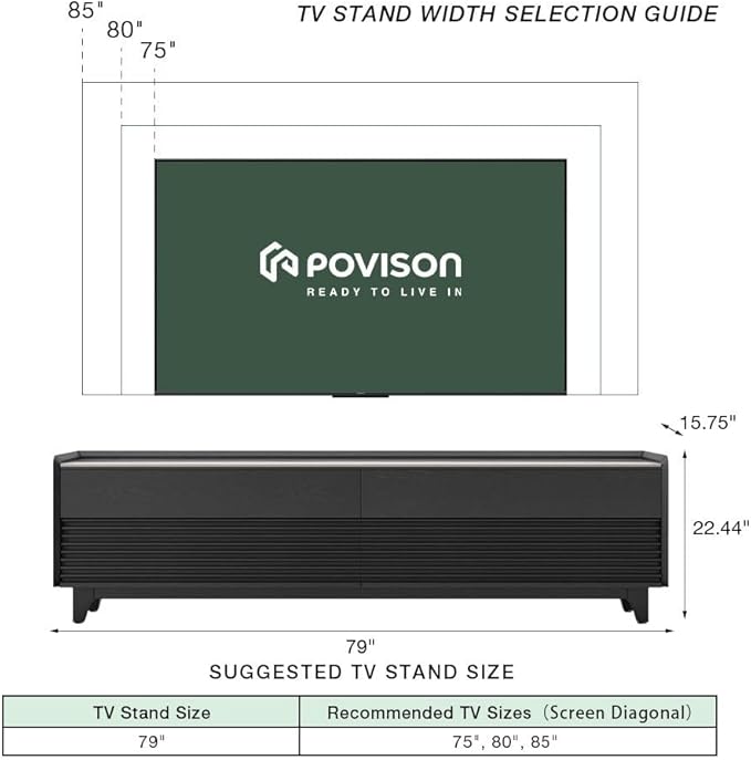 POVISON Fully-Assembled Mid Century Glossy Sintered Stone Tabletop TV Stand with Legs, Wood Media Console with Adjustable LED Light for 75-inch TVs, Entertainment Center with Storage for Living Room