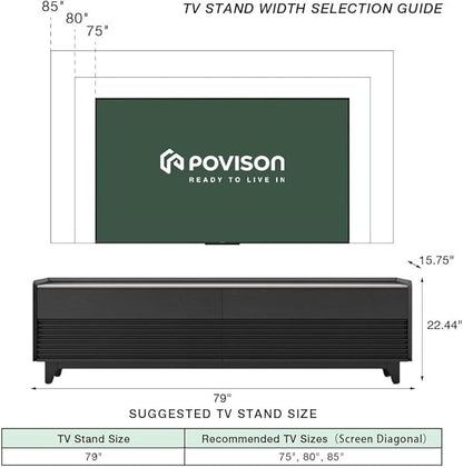 POVISON Fully-Assembled Mid Century Glossy Sintered Stone Tabletop TV Stand with Legs, Wood Media Console with Adjustable LED Light for 75-inch TVs, Entertainment Center with Storage for Living Room