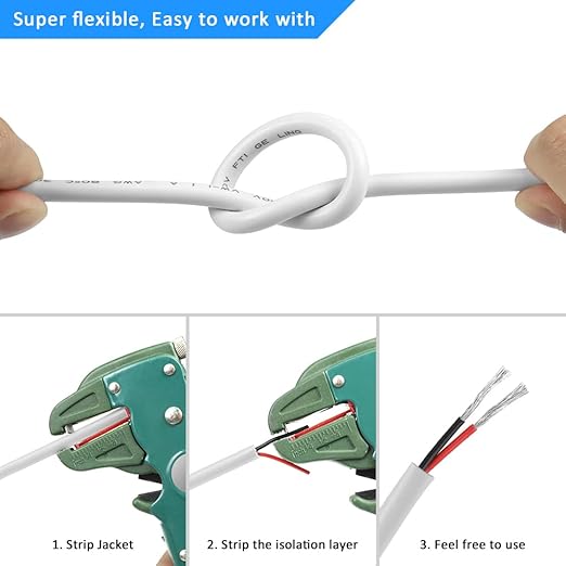 18 Gauge 2 Conductor Electrical Wire, 100FT White Stranded Low Voltage 18/2 PVC Case, 18 AWG Tinned Copper 2 Wire Extension Power for Strips LED Lamp Lighting