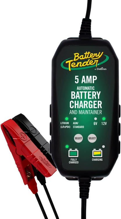 Battery Tender 5 AMP 12V Battery Charger and Maintainer - Automotive Smart Automatic Battery Charger for Cars SUVs and Trucks -Lead Acid, AGM, Gel, & Lithium - 022-0186G-DL-WH