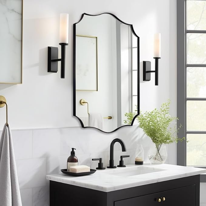 ANDY STAR Black Bathroom Vanity Mirror, 22x30 Irregular Wall Mirror, Scalloped Wall Mirror in Stainless Steel Metal Frame, Asymmetrical Mirror for Bathroom, Bedroom, Living Room, Mantel