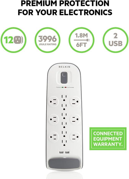 Belkin 12-Outlet USB Power Strip Surge Protector, Flat Plug, 6ft Cord (3,996 Joules), White - Pack of 3