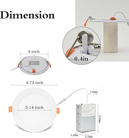 MKUJOO 96 Pack 4 Inch Ultra-Thin LED Recessed Ceiling Light with Junction Box,Panel Light,Daylight, 9.5W,2700K/3000K/3500K/4000K/5000K Selectable Dimmable Downlight ETL&FCC&CE Energy Star Certified