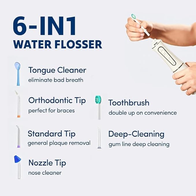 Professional Water Flosser - Advanced Dental Care for a Healthier Mouth, Gum, and Teeth - IPX7 Waterproof Oral Irrigator | 7 Replacement Tips, Travel-Friendly, Rechargeable - Oral Hygiene (White)