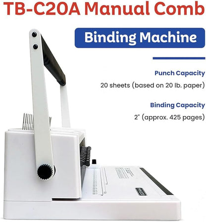TruBind Manual Comb Binding Machine | Punch up to 20 Sheets | Bind up to 425 Sheets | 21 Fully Disengageable Dies | 19-Ring Comb | 2-Year Warranty