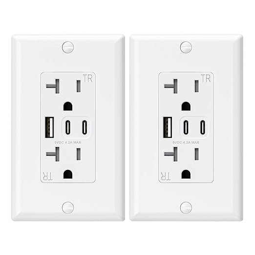 ELEGRP USB Outlets, 20 Amp Wall Outlet with 3 USB Ports, Dual USB C Ports Outlets, TR Tamper-Resistant USB Outlets Receptacles, Wall Plate Included, UL/CUL Listed, 2 Pack, White