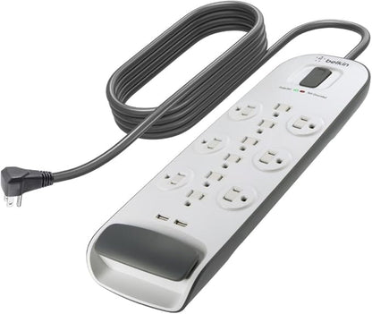 Belkin USB Power Strip Surge Protector - 12 AC Multiple Outlets & 2 USB Ports - 6 ft Long Flat Plug Extension Cord for Home, Office, Travel, Computer Desktop & Charging Brick - White (3,996 Joules)