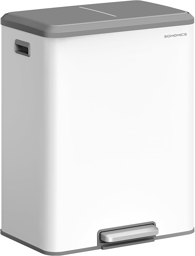 SONGMICS Trash Can, 2 x 8 Gallon (2 x 30 L) Double Garabge Can for Recycling and Waste, Stainless Steel, Soft-Close Lid, Inner Buckets, Wide Sturdy Pedal, Cloud White ULTB556W01