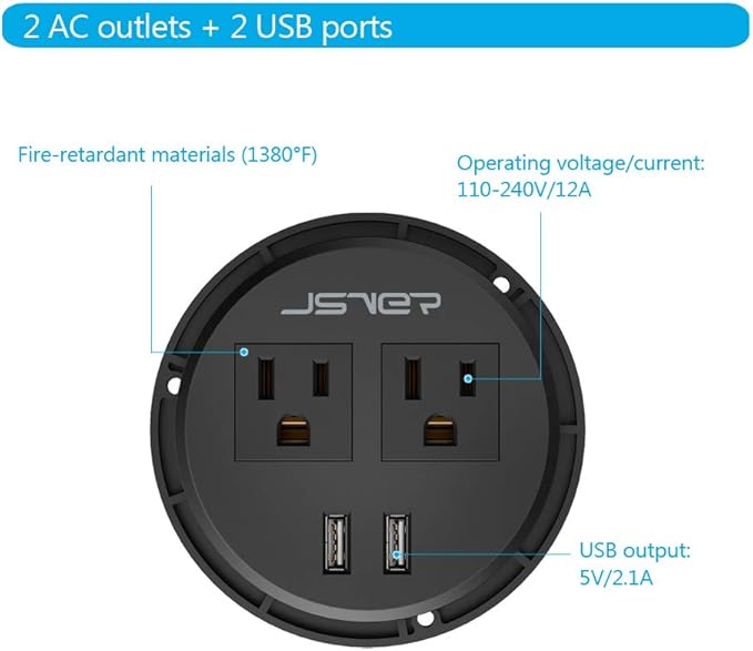 Desktop Power Grommet JSVER Mini Desktop Power Strip Hide Recessed Power Grommet Socket with 2 AC Outlets and 2 USB Charging Ports,Cable for a 3-1/8 Inch Desk Hole for Kitchen Table/Conference Room