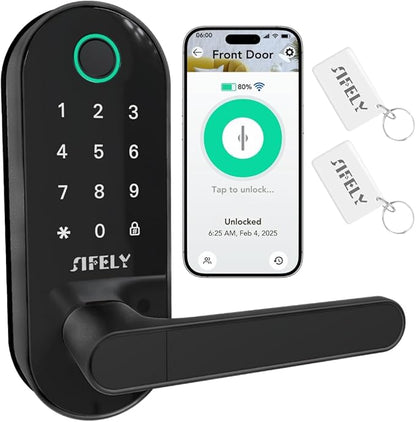 Fingerprint Smart Door Lock with Handle & Keypad – Built-in WiFi Remote Access, Keyless Entry for Front Door, Home & Airbnb, App Control, Compatible with Alexa & Google, Easy DIY Install