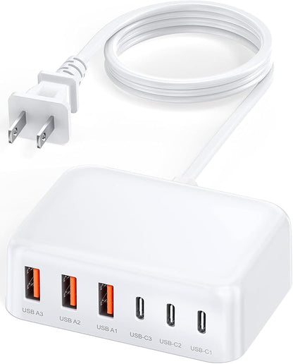 USB C Charger Block, 100W GaN 6 Port PD USB C QC USB A Wall Charger Adapter Plug Cube, Super Fast Type C Charging Station Hub for iPhone 17 16 15 14 13 Pro Max iPad Samsung Pixel 5ft Extension Cord