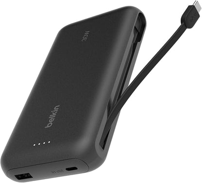 Belkin Portable Charger, Power Bank with Integrated Cable 20000 mAh 30W - Fast Charging USB C Power Delivery - iPhone 17, Air, Pro, Pro Max, iPad, AirPods, Apple Watch, Galaxy S25, & More - Black