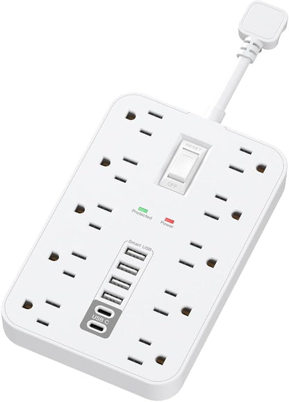 Short Extension Cord with USB and USBC Ports, Flat Outlet Extender with 10 AC Outlet 6 USB, 1 Switch & 2 LED Indicator, USB Wall Power Strip for Multiple Devices, for Home, Office, Dorm Essentials