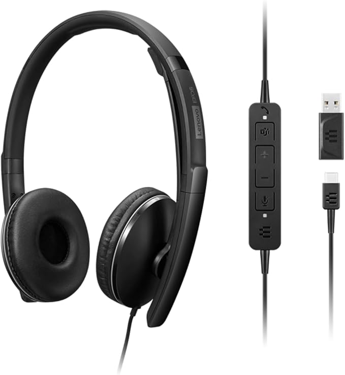 Lenovo Wired ANC Headset Gen 2 (Teams) with Active Noise Cancellation, EPOS BrainAdapt & ActiveGard Tech, Lightweight, USB-C, Plug-and-Play, Zoom Certified, Customizable, Hearing Protection