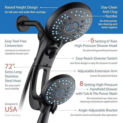 Hotel Spa AquaCare for California As-Seen-On-TV High Pressure Handheld Rain 50-mode 3-way Shower Head Combo with Adjustable Arm, Anti-clog Jets, Tub & Pet Power Wash, 6 ft. Hose, Matte Black