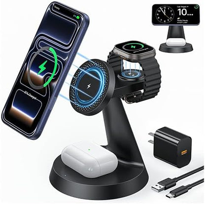3 in 1 Magnetic Charging Station for Apple Devices, 15W Fast Wireless Charger Compatible with MagSafe Charging Stand Dock for iPhone 17 16 15 14 13 12, Watch Charger Stand for Apple Watch & Earbuds
