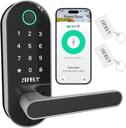 Built-in WiFi Fingerprint Smart Door Lock with Handle & Keypad – Remote Access & Auto-Lock, Keyless Entry for Home, Airbnb & Rental, 6-in-1 Unlock: Code/Card/App/Key, Compatible with Alexa & Google