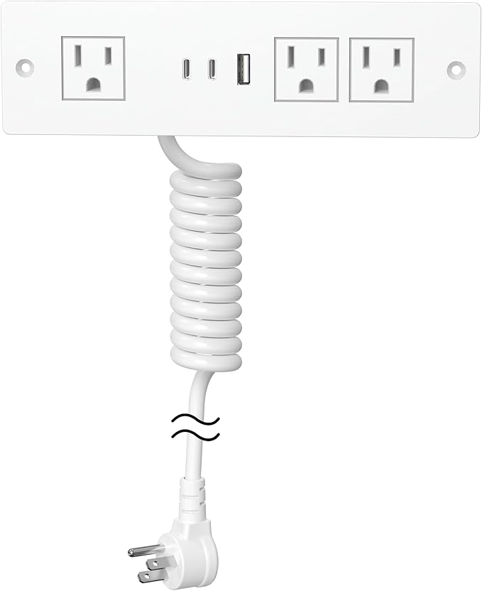 Furniture Drawer Outlet, Recessed Power Strip with (3) PD 20W USB Ports Fast Charging & (3) 15 Amp AC Outlets, (14 AWG) 10 FT White Spring Cord
