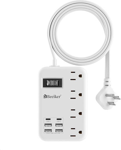 6 USB(2 USB C) Travel Power Strip- Flat Plug Extension Cord 3 Feet with 4.8A 24W USB Charging Station and 4 Outlets, 3 FT Short Extension Cord Portable for Travel Cruise Office College Dorm
