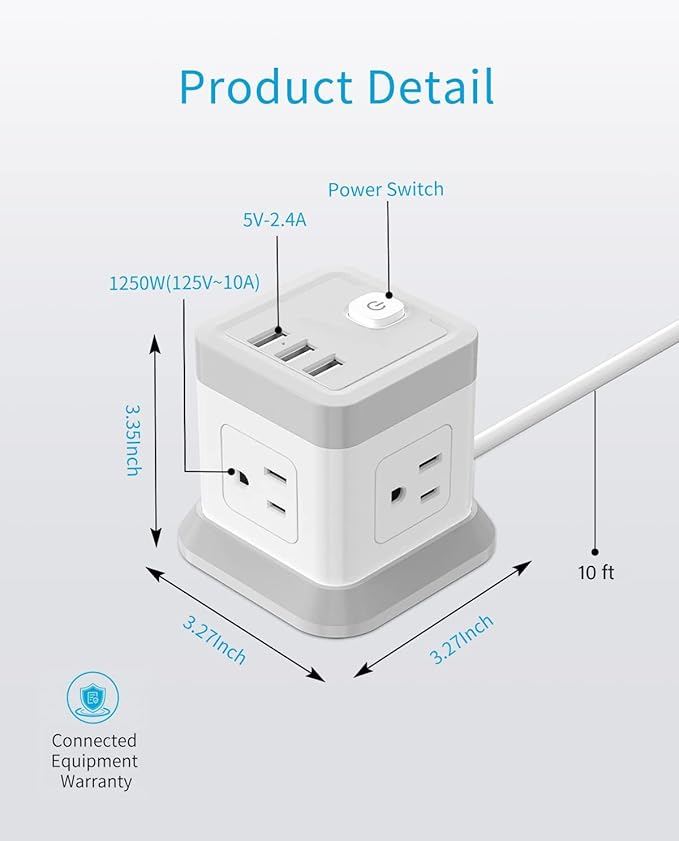 Power Strip with USB C, FDTEK Desktop Power Cube Strip, 10 FT Extension Cord with 4 Outlets and 3 USB, Compact Power Strips Tower for Travel Home Office Cruise Ship - White