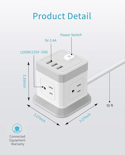 Power Strip with USB C, FDTEK Desktop Power Cube Strip, 10 FT Extension Cord with 4 Outlets and 3 USB, Compact Power Strips Tower for Travel Home Office Cruise Ship - White