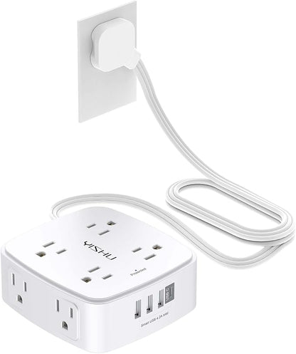 6 Ft Surge Protector Power Strip - YISHU 8 Widely Outlets with 4 USB Ports, 3 Side Outlet Extender with 6 Feet Flat Extension Cord, Ultra Flat Plug, Wall Mount, Desk USB Charging Station, ETL, White