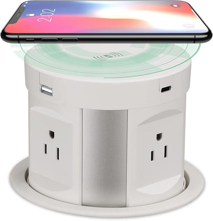 Automatic Pop up Outlet, Wireless Charger Power Strip Surge Protector Recessed Outlet, 4 AC Plug + Type-A and Type-C USB Port Outlets for Countertop Kitchen Island Conference Workbench, ETL Listed