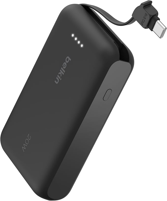Belkin Portable Charger, Power Bank 10000 mAh w/Integrated Cable - 20W Fast Charge USB-C Power Delivery, iPhone Charger - Apple iPhone 17, Air, Pro, Pro Max, iPad, Samsung Galaxy S25, & More - Black