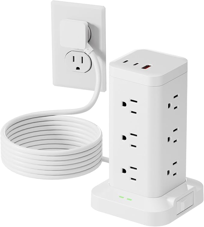 Power Strip Tower with Surge Protector 1800J, Fast Charging Tower PD20W USB-C Ports with 12 AC Outlets, 9.8ft Extension Cord for Home Office Dorm Room, White